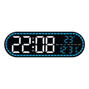 Réveil station météo ovale ultra-plat noir avec affichage numérique de l'heure, de la température et de la date en bleu.