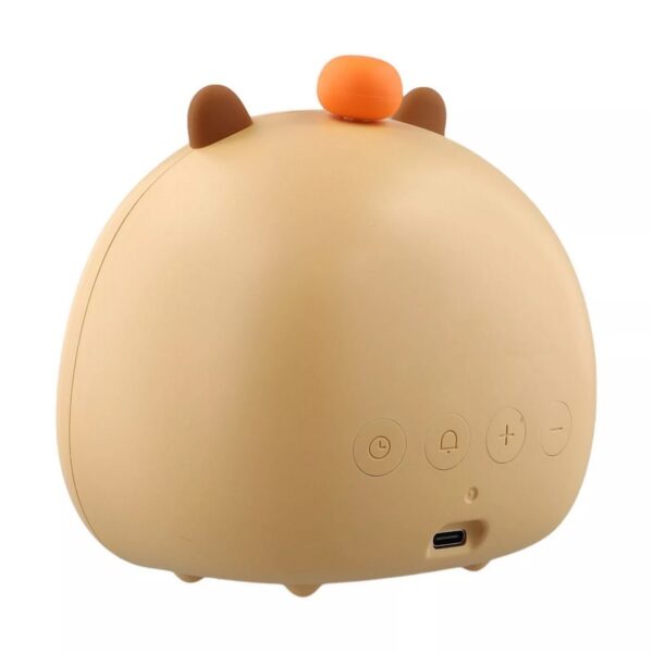 Réveil capybara avec température pour enfant – vu de dos, quatre boutons et port USB-C