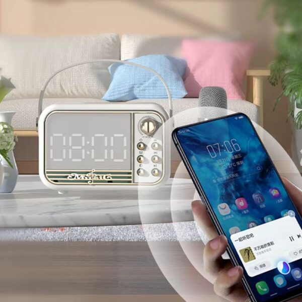 Sa27c0c4775684d64b76cb025562bf2c1K Radio réveil fille stéréo et Bluetooth – dans un salon, lecture de musique depuis un smartphone