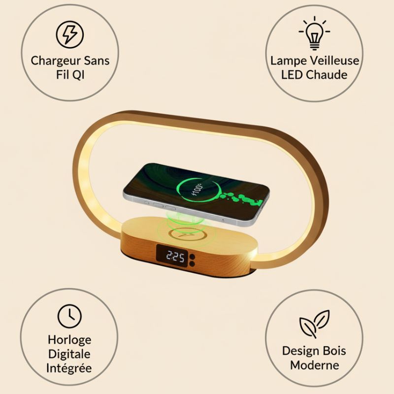 lampe veilleuse led chaude chargeur sans fil horloge digitale integree
