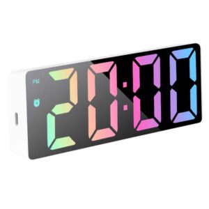 Réveil numérique miroir activation vocale - double alim. Coquille Blanche – Surface Noire & Chiffres Colorés