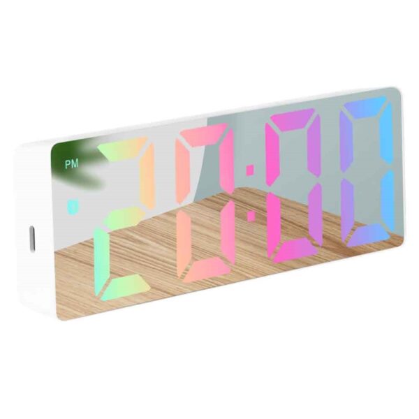 6409001109H-1 Réveil numérique miroir LED - Coque blanche effet miroir – chiffres multicolores réveil miroir LED blanc