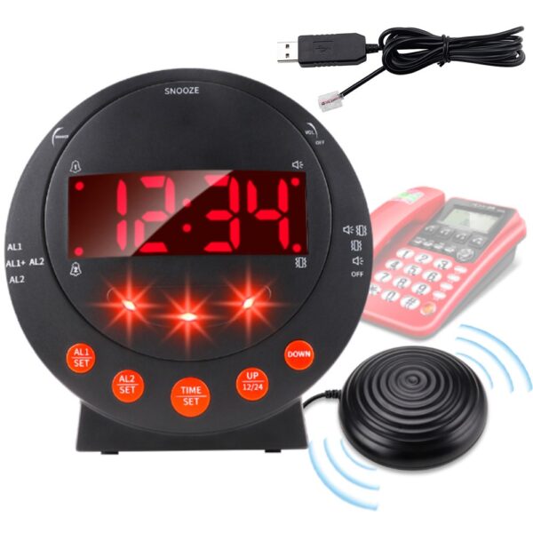 6409001252A-1 Réveil malentendants avec vibreur externe - triple alerte LED flash téléphone- noir réveil malentendants noir