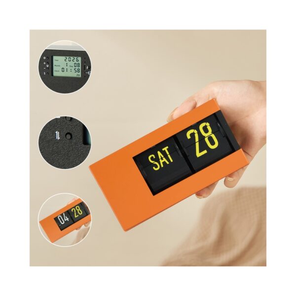 6409001284F-1 Réveil flip mécanique auto-tournant - autonomie 6 mois batterie 2000mAh - orange chiffres jaunes réveil flip mécanique