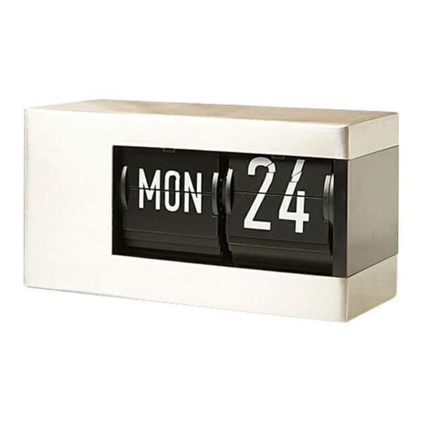 Horloge calendrier perpétuel à feuillets en métal brossé, affichage jour et date, design minimaliste sur fond blanc. Horloge calendrier perpétuel à feuillets en métal brossé, affichage jour et date, design minimaliste sur fond blanc.