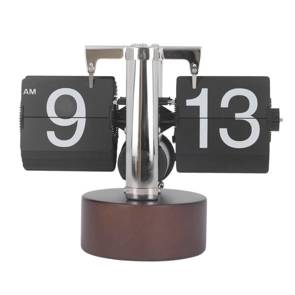 Horloge flip à pages tournantes automatiques avec base en noyer massif marron, affichant 9h13 sur fond blanc. Horloge flip à pages tournantes automatiques avec base en noyer massif marron, affichant 9h13 sur fond blanc.