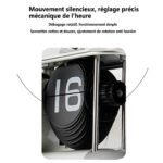 Détail du mécanisme silencieux à feuilles de l'horloge avion, avec texte technique en anglais.