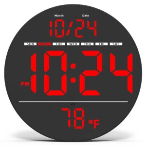 Horloge murale LED multifonction avec chiffres rouges géants, affichage de la date et de la température intérieure.