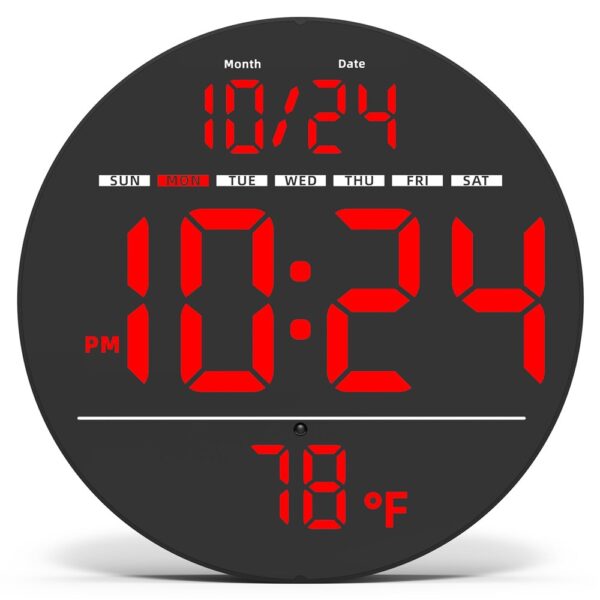 Horloge murale LED multifonction avec chiffres rouges géants, affichage de la date et de la température intérieure. Horloge murale LED multifonction avec chiffres rouges géants, affichage de la date et de la température intérieure.