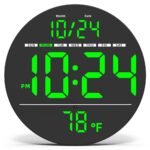 Horloge murale LED multifonction noire affichant l'heure, la date et la température en chiffres verts lumineux.