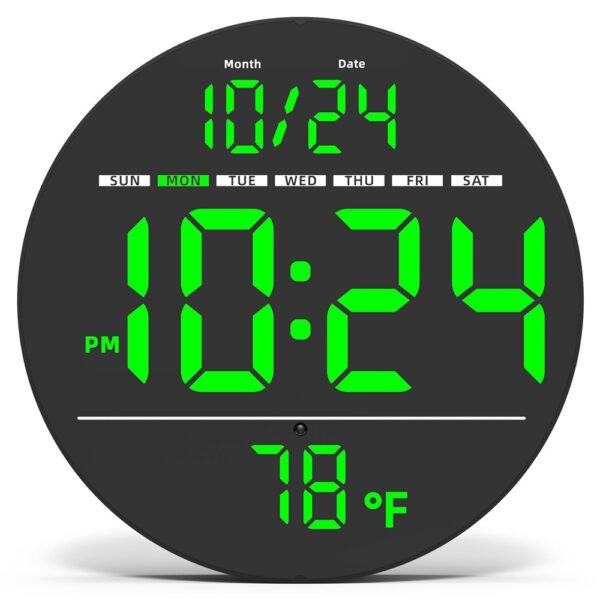 Horloge murale LED multifonction noire affichant l'heure, la date et la température en chiffres verts lumineux. Horloge murale LED multifonction noire affichant l'heure, la date et la température en chiffres verts lumineux.