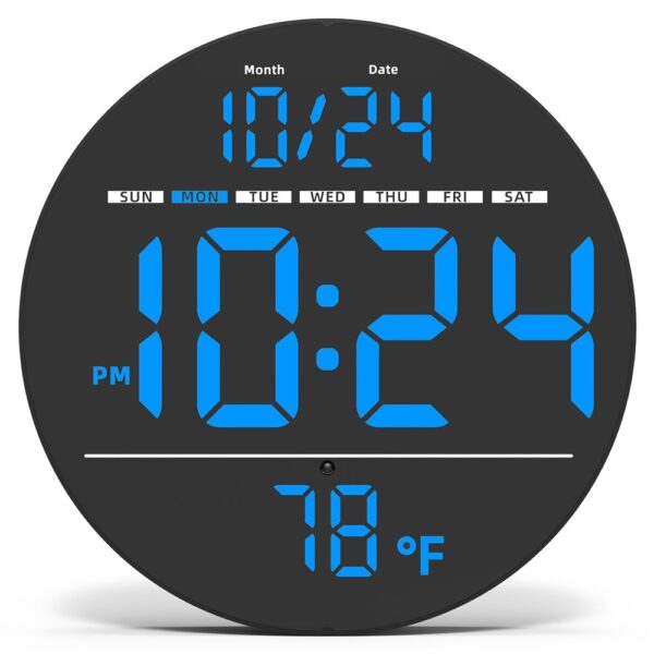 Horloge murale LED multifonction avec affichage bleu lumineux, date, jour de la semaine et température intérieure. Horloge murale LED multifonction avec affichage bleu lumineux, date, jour de la semaine et température intérieure.