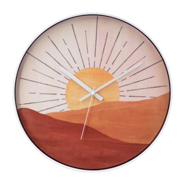 Horloge murale silencieuse 30cm avec motif coucher de soleil orange et beige, cadre blanc, fond blanc. Horloge murale silencieuse 30cm avec motif coucher de soleil orange et beige, cadre blanc, fond blanc.