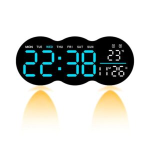 Horloge numérique murale LED 28 cm avec affichage bleu et spots lumineux, vue de face sur fond blanc.