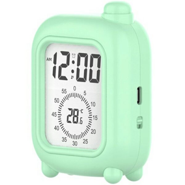 Minuteur compact format valise vert menthe avec écran 6cm affichant l'heure et la température. Minuteur compact format valise vert menthe avec écran 6cm affichant l'heure et la température.