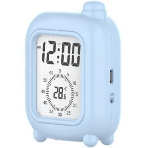 Minuteur format mini valise bleu avec écran 6cm affichant l'heure et la température, rechargeable USB.