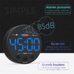 Infographie du minuteur LED montrant son alarme à 85dB, son affichage clair et ses boutons intuitifs.