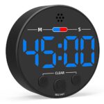 Minuteur LED magnétique noir avec affichage bleu vif et boutons de commande pour la cuisine ou le bureau.
