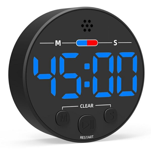 Minuteur LED magnétique noir avec affichage bleu vif et boutons de commande pour la cuisine ou le bureau. Minuteur LED magnétique noir avec affichage bleu vif et boutons de commande pour la cuisine ou le bureau.