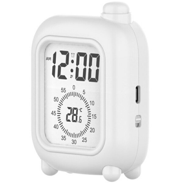 Minuteur valise compact blanc affichant 12:00 et 28.6°C, design moderne et écran clair. Minuteur valise compact blanc affichant 12:00 et 28.6°C, design moderne et écran clair.