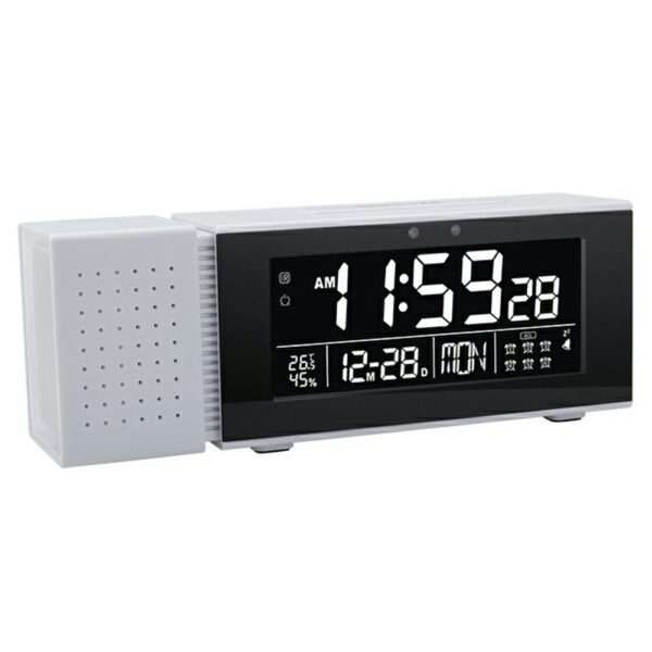 Radio réveil multifonction blanc avec écran numérique affichant l'heure, la date et la météo. Radio réveil multifonction blanc avec écran numérique affichant l'heure, la date et la météo.