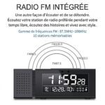 Infographie du radio réveil mettant en avant la radio FM intégrée avec une plage de fréquence de 87.5 à 108 MHz.