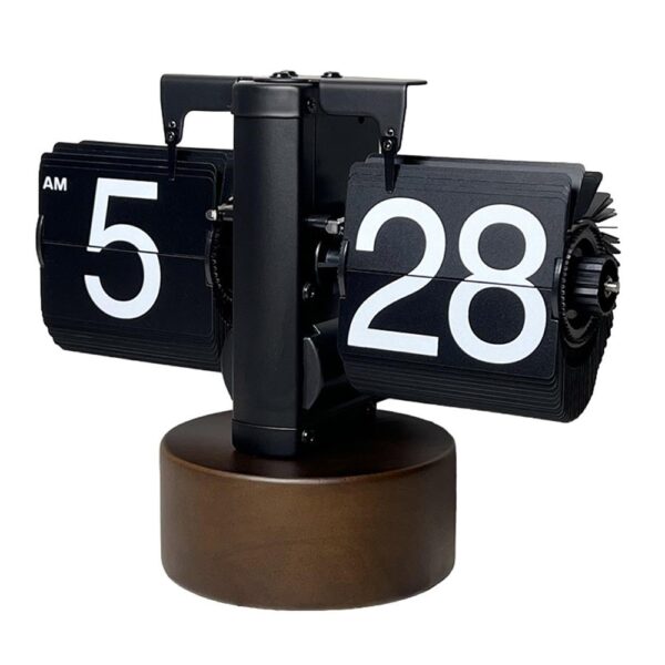Réveil à pages tournantes automatique avec base en noyer massif, design moderne et affichage clair sur fond blanc. Réveil à pages tournantes automatique avec base en noyer massif, design moderne et affichage clair sur fond blanc.