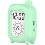 Réveil de voyage mini valise vert menthe avec thermomètre intégré, affichage numérique clair sur fond blanc.