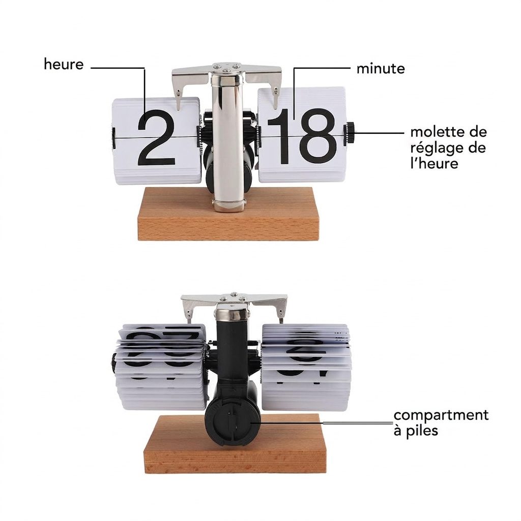 Infographie du réveil à pages tournantes expliquant les fonctions : heure, minute, réglage et compartiment à piles.