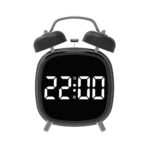 Réveil double cloche noir avec affichage LED blanc, vue de face sur fond blanc.