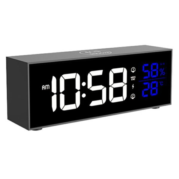 Réveil numérique GS-8812 noir avec écran LED blanc et bleu sur fond blanc