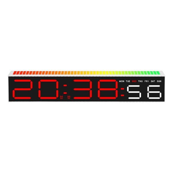 Réveil numérique LED 30,5 cm avec affichage rouge et barre de couleur, affichant l'heure et le jour de la semaine. Réveil numérique LED 30,5 cm avec affichage rouge et barre de couleur, affichant l'heure et le jour de la semaine.