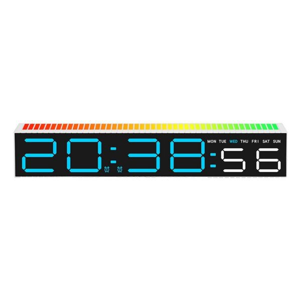 Réveil numérique LED 30cm affichant l'heure 20:38 et le jour mercredi, design moderne sur fond blanc. Réveil numérique LED 30cm affichant l'heure 20:38 et le jour mercredi, design moderne sur fond blanc.