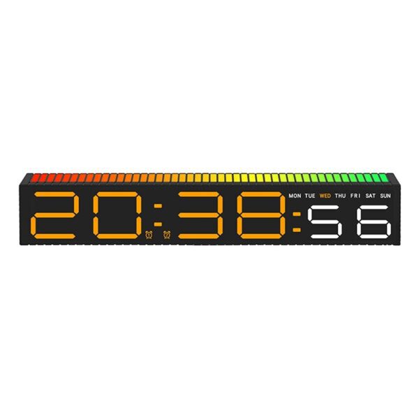 Réveil numérique LED 30cm noir avec affichage orange et barre de couleur réactive au son.