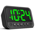 Réveil numérique LED vert avec affichage clair et boutons de commande, vue de face sur fond blanc.