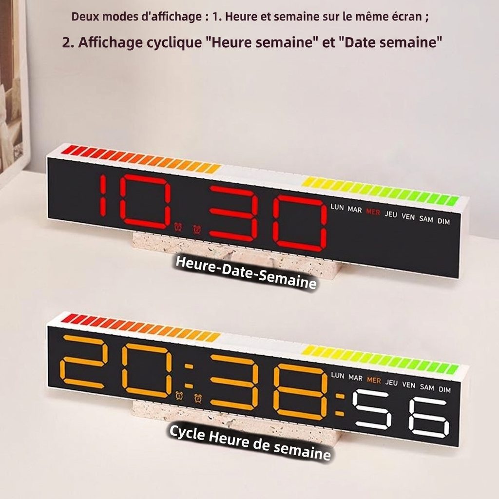 Infographie des deux modes d'affichage du réveil numérique LED : heure/semaine simultanés ou alternance heure/date.
