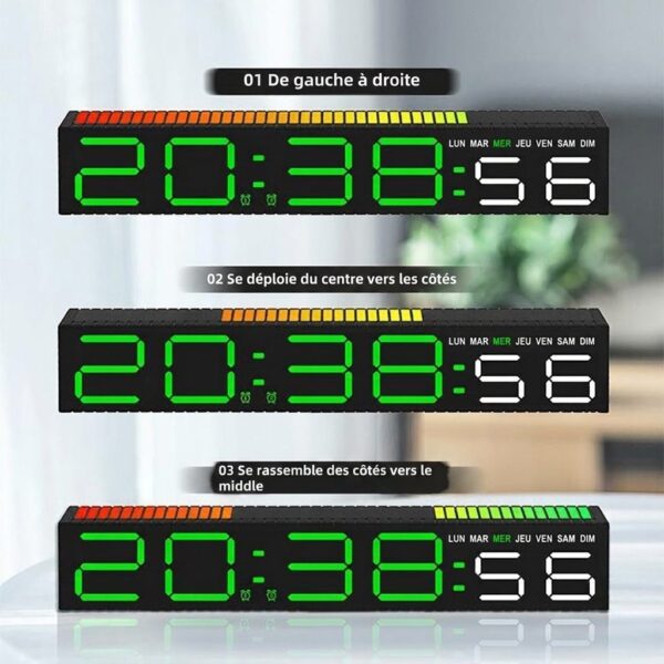Infographie des 3 modes lumineux du réveil numérique LED : animation de gauche à droite, étalement central et rassemblement.