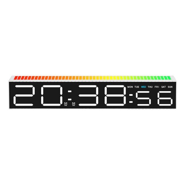 Réveil numérique LED blanc affichant l'heure 20:38:56 avec indicateur de jour de la semaine et barre de couleur réactive.