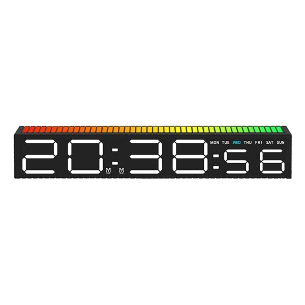 Réveil numérique LED 9 couleurs réactif au son, affichage clair de l'heure 20:38:56 et du jour sur fond blanc. Réveil numérique LED 9 couleurs réactif au son, affichage clair de l'heure 20:38:56 et du jour sur fond blanc.