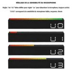 Guide de réglage de la sensibilité du microphone du réveil LED pour un mode réactif au son, avec les niveaux U0 à U3.
