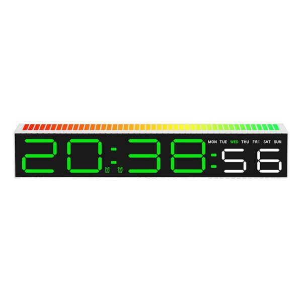 Réveil numérique LED avec affichage de l'heure et des jours de la semaine, écran vert sur fond noir. Réveil numérique LED avec affichage de l'heure et des jours de la semaine, écran vert sur fond noir.