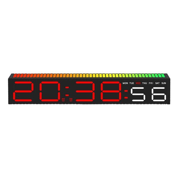 Réveil numérique LED noir affichant 20:38:56 avec indicateur de jour de la semaine et barre de couleur réactive au son.