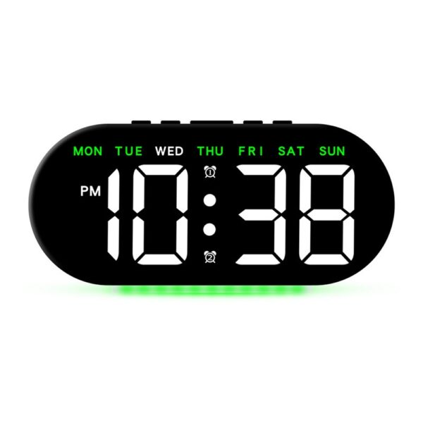 Réveil numérique LED noir avec grand affichage 18 cm, affichant l'heure et les jours de la semaine sur fond blanc. Réveil numérique LED noir avec grand affichage 18 cm, affichant l'heure et les jours de la semaine sur fond blanc.