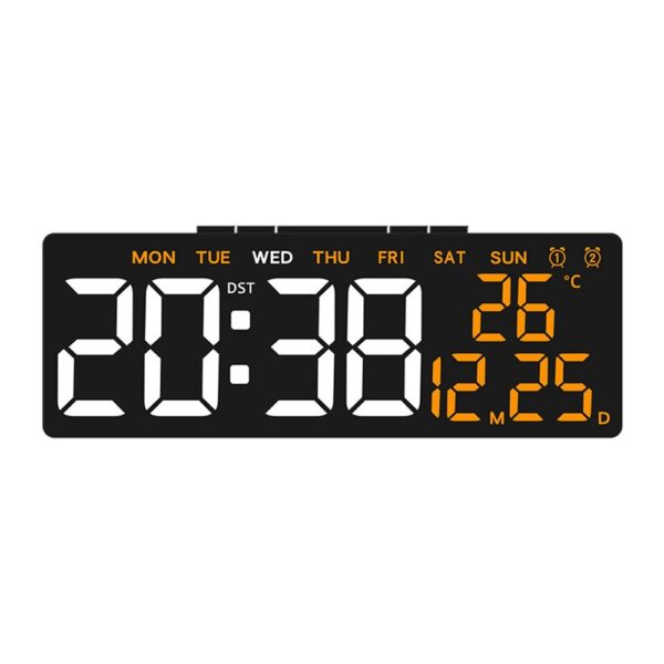 Réveil numérique noir affichant 20:38, la date du 25 décembre et 26°C, avec affichage des jours de la semaine. Réveil numérique noir affichant 20:38, la date du 25 décembre et 26°C, avec affichage des jours de la semaine.