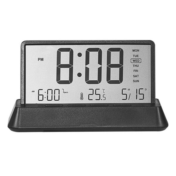 Réveil numérique multifonction noir avec écran LCD clair affichant l'heure, la date, la température et le jour de la semaine. Réveil numérique multifonction noir avec écran LCD clair affichant l'heure, la date, la température et le jour de la semaine.