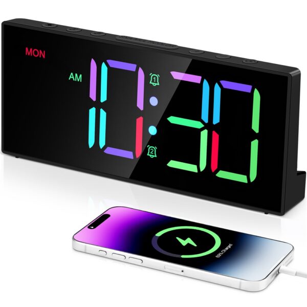 Réveil numérique RGB 8 modes couleur avec écran multicolore et téléphone en charge Réveil numérique RGB 8 modes couleur avec écran multicolore et téléphone en charge