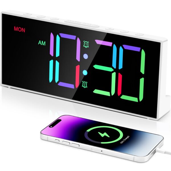 Réveil numérique RGB 8 modes couleur blanc avec écran LED multicolore et chargeur sans fil