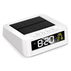 Réveil numérique solaire blanc avec écran LED affichant heure et température sur fond blanc