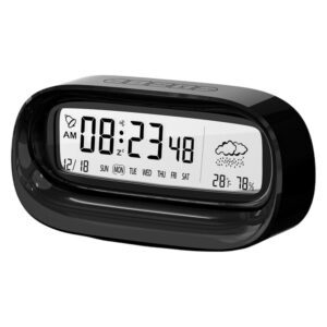 Réveil numérique transparent avec écran LCD affichant l'heure, la date et la météo sur fond blanc.