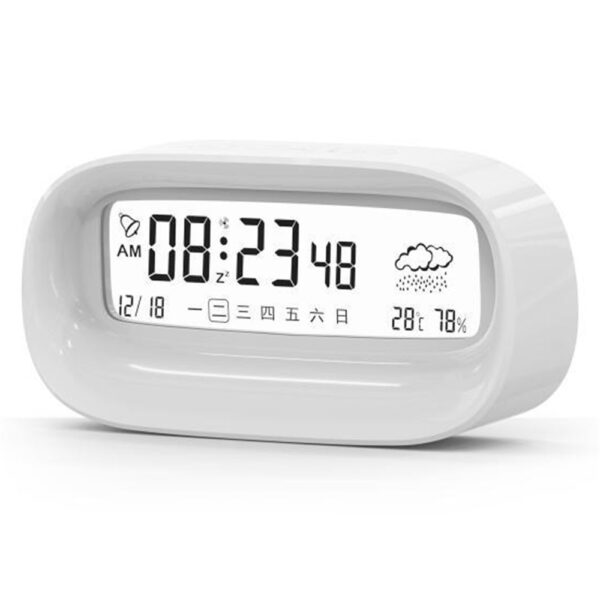 Réveil numérique transparent minimaliste blanc affichant l'heure, la date et la météo sur fond blanc. Réveil numérique transparent minimaliste blanc affichant l'heure, la date et la météo sur fond blanc.